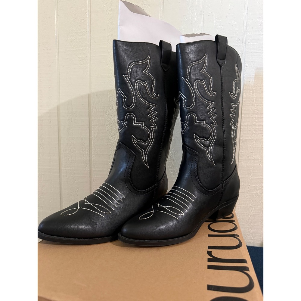 Burudani Womens Black Western Cowboy Boots White Contrast Stitching Size 9 New